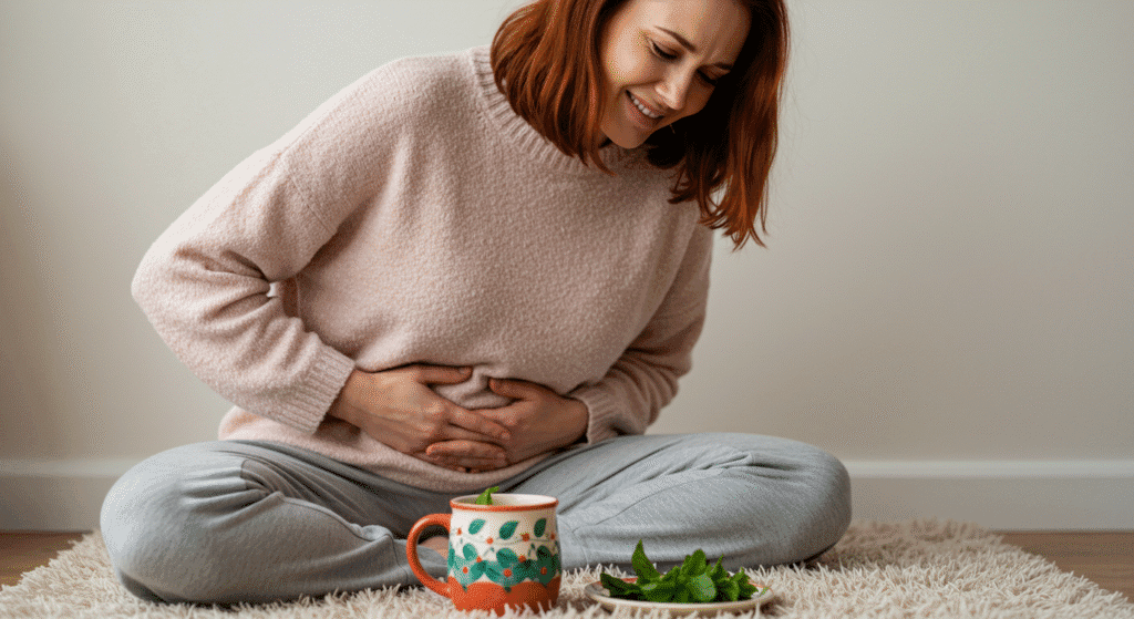 Woman with Sore Tummy Eating Peppermint