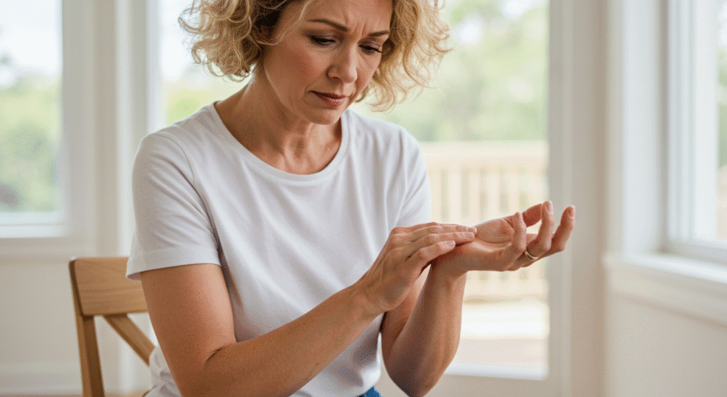Woman Using Acupressure for Nausea