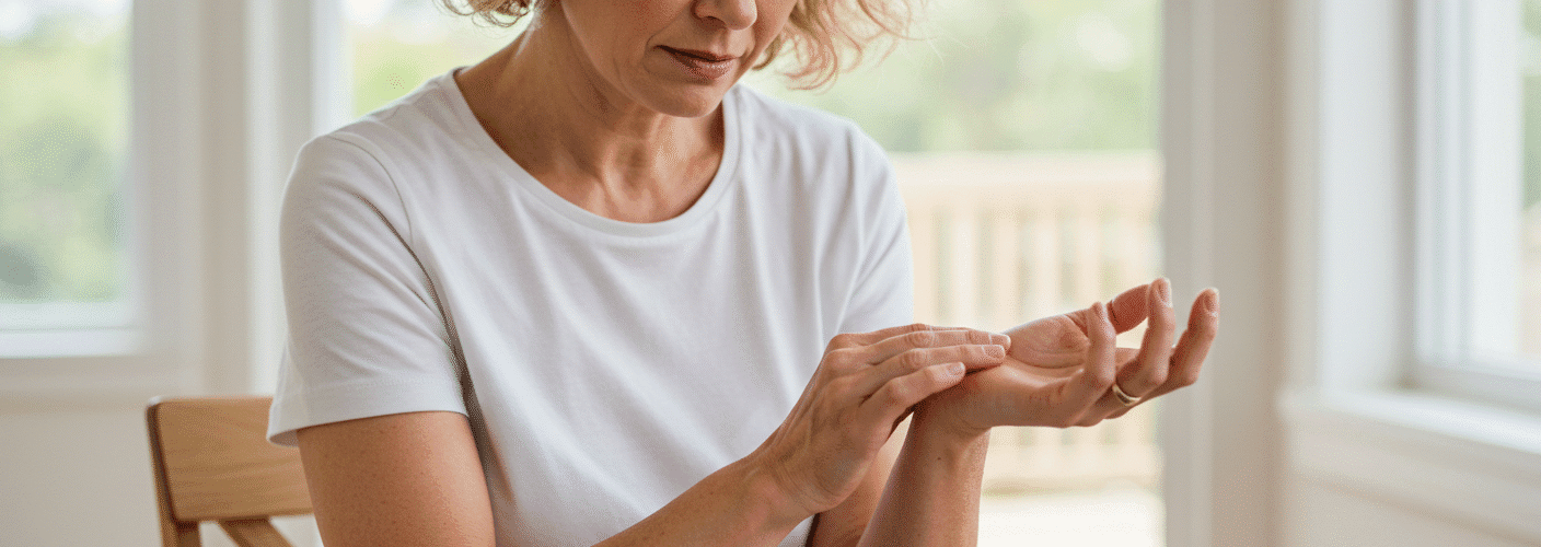 Woman Using Acupressure for Nausea