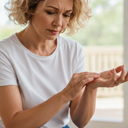 Woman Using Acupressure for Nausea