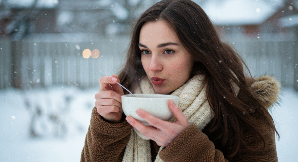 Woman Sipping Broth from Soup on a Snowy Day