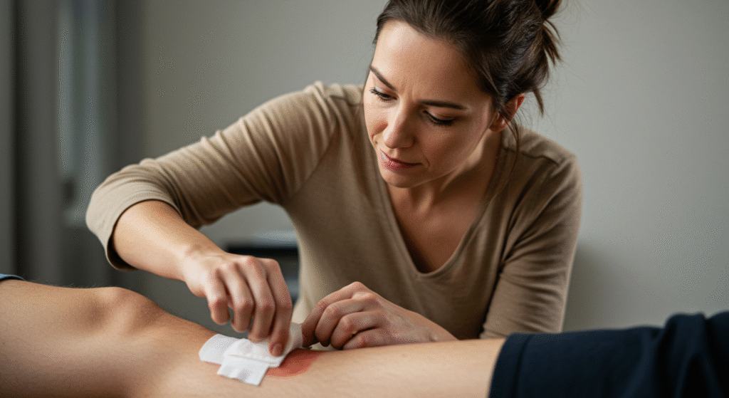 Woman Putting Bandage on a Wound
