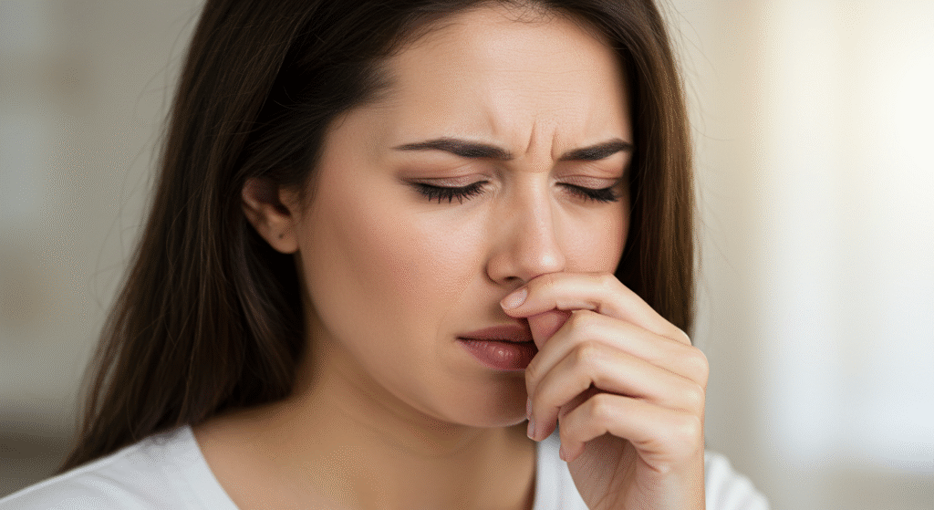 Woman with Sinus Pressure Pinching Her Nose