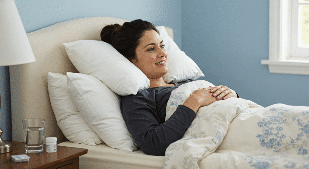 Woman Using Extra Pillows to Avoid Heartburn